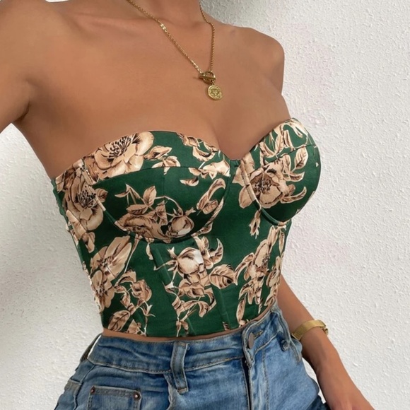 Boho floral print lace up back satin bustier corset tube top - Picture 3 of 11